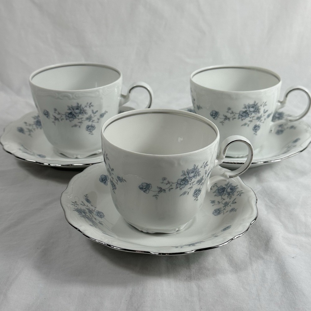 3 Johann Haviland Blue Garland Tea Sets 3 Cups & 3 Saucers Bavaria Germany